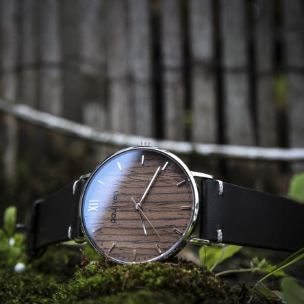 Wood and Steel Watch, Silver with Black Leather Strap And White Stitches
