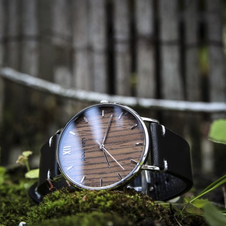 Wood and Steel Watch, Silver with Black Leather Strap And White Stitches