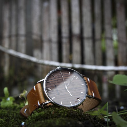 Wood and Steel Watch, Silver with Brown Leather Strap And White Stitches