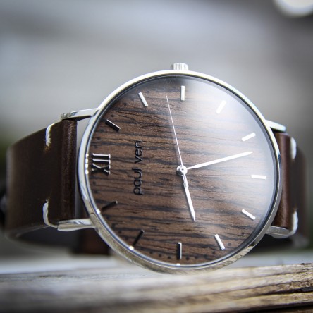Wood and Steel Watch, Silver with Dark Brown Leather Strap And White Stitches